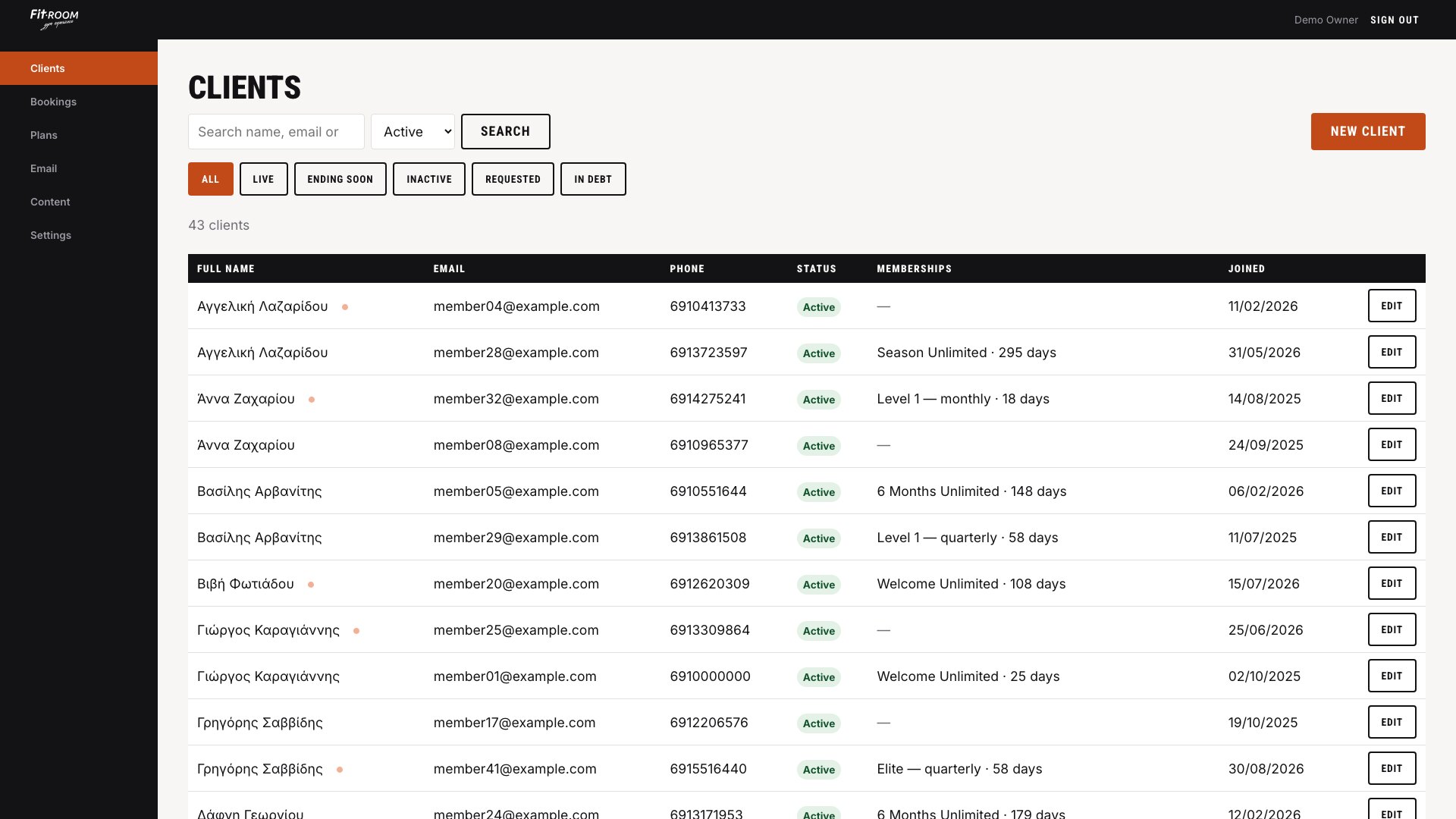 The client list with a search box, status filters, and each member's current membership and days left