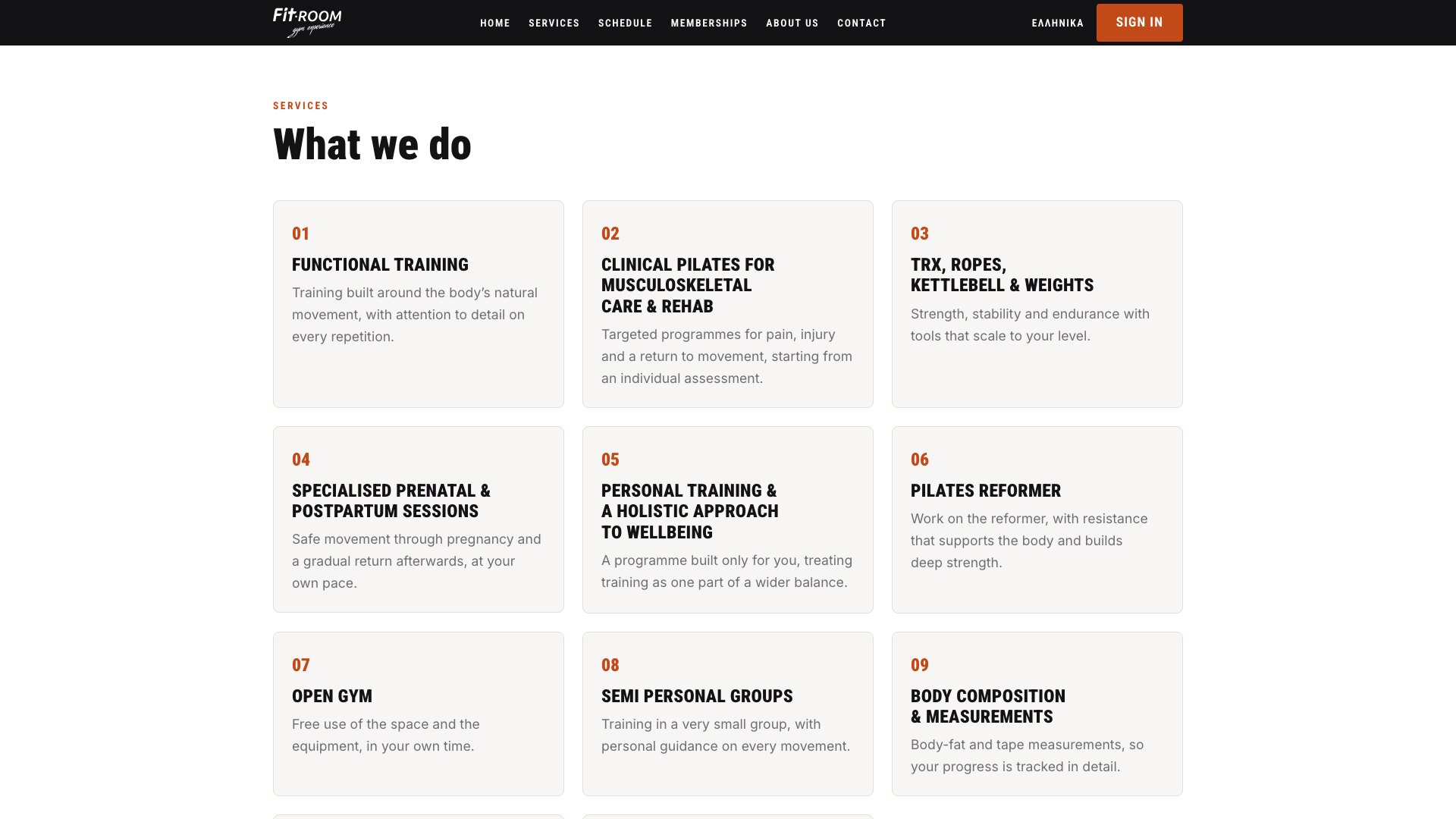 The services section, a numbered grid of programmes from functional training to body composition