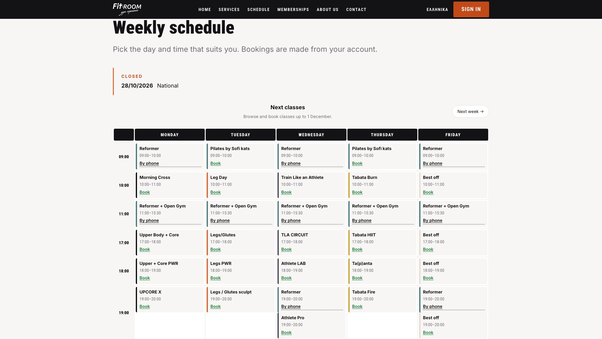 The weekly timetable grid, classes by day and hour with booking links and a closure notice above it
