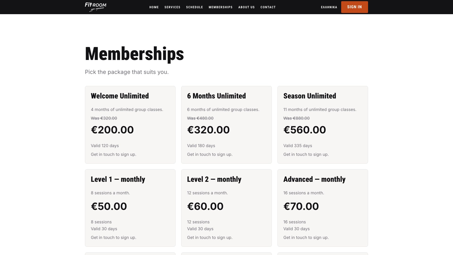 The memberships page, cards showing plan name, sessions, validity and price with previous prices struck through