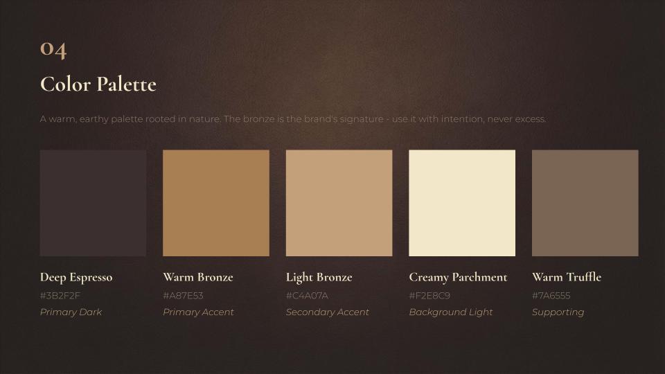 Color palette — Deep Espresso, Warm Bronze, Light Bronze, Creamy Parchment, Warm Truffle