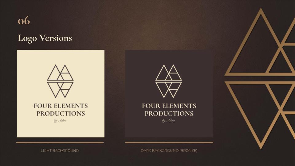 Logo versions on light and dark backgrounds with bronze detail