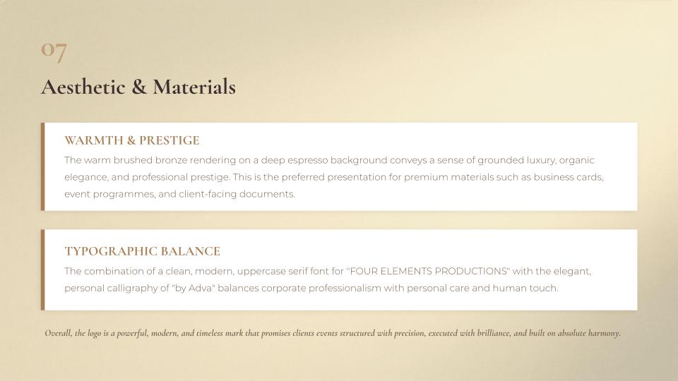 Aesthetic and materials guidelines — warmth, prestige, and typographic balance