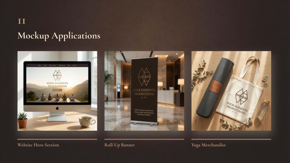 Mockup applications overview — website hero section, roll-up banner, and yoga merchandise