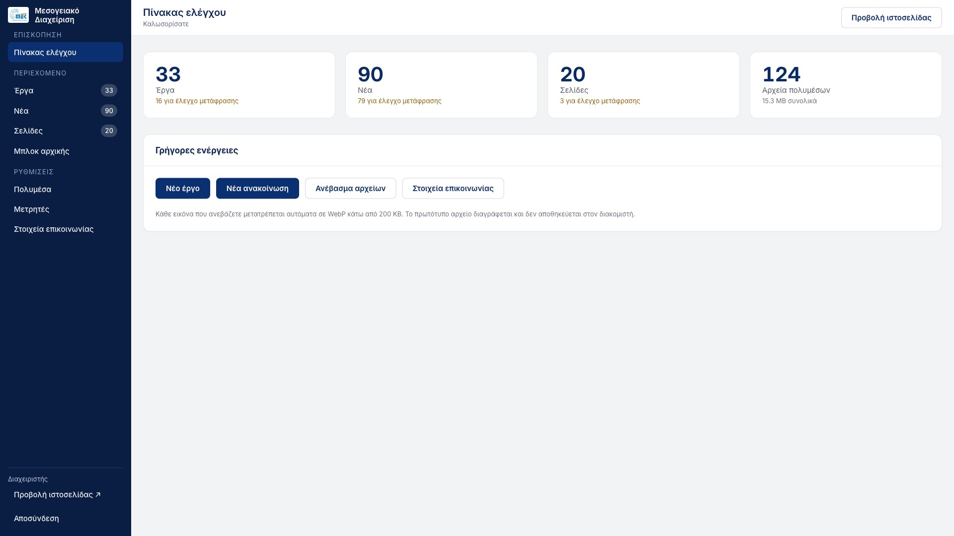 Panel de control del administrador con cuatro contadores — 33 proyectos, 90 noticias, 20 páginas, 124 archivos multimedia —, cuántos de cada uno esperan una revisión de traducción y acciones rápidas