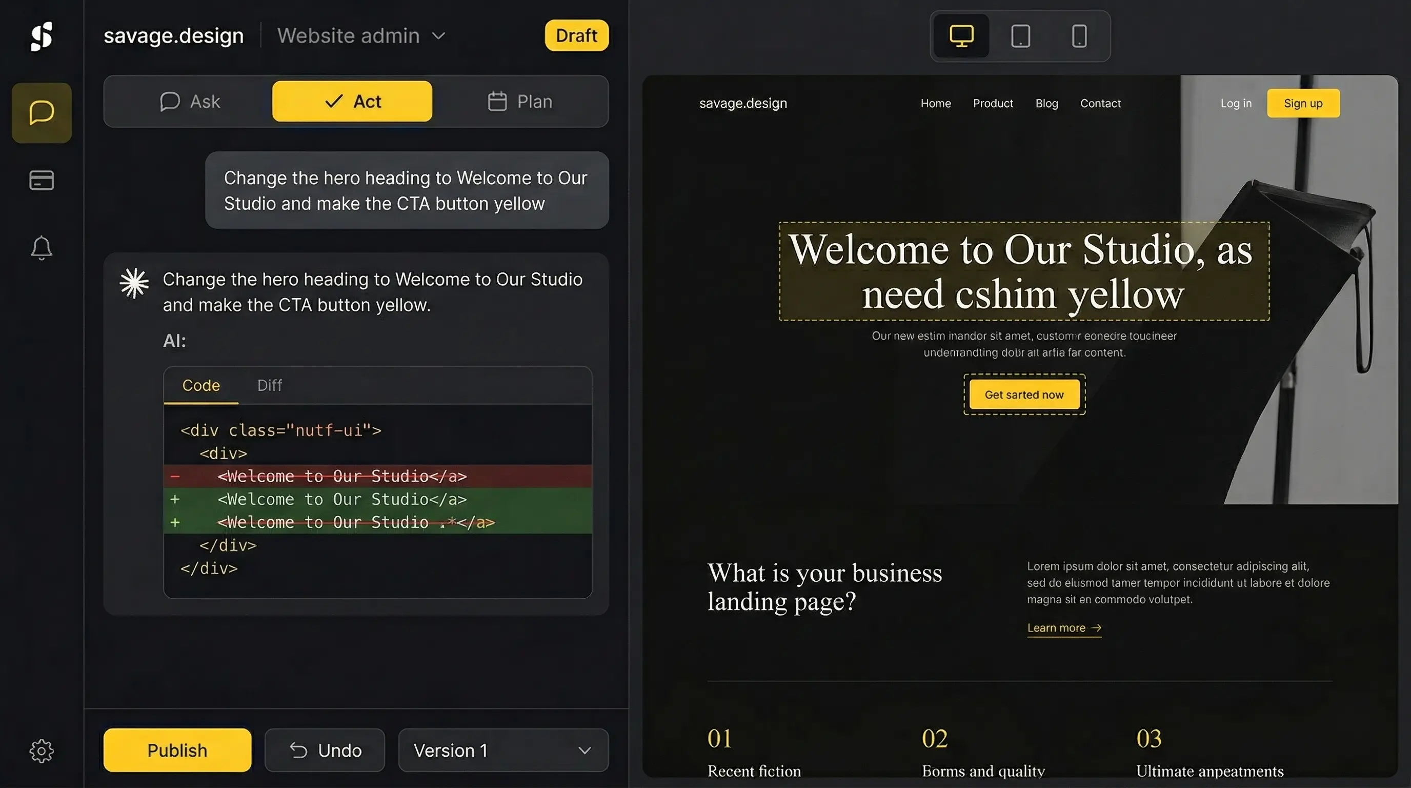 AI Admin Panel split-screen environment showing chat and live preview